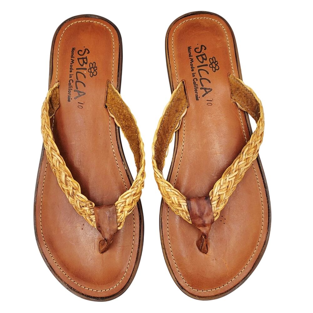 Sbicca Light Brown Leather Woven Thong Sandals Made in California USA Women’s 10